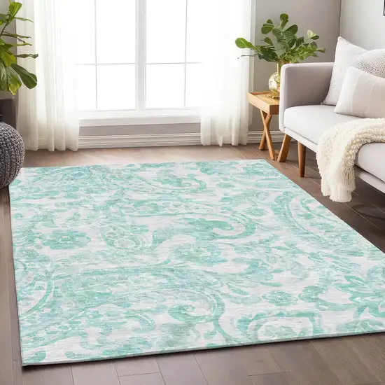 Turquoise And Ivory Paisley Washable Area Rug With UV Protection Photo 5
