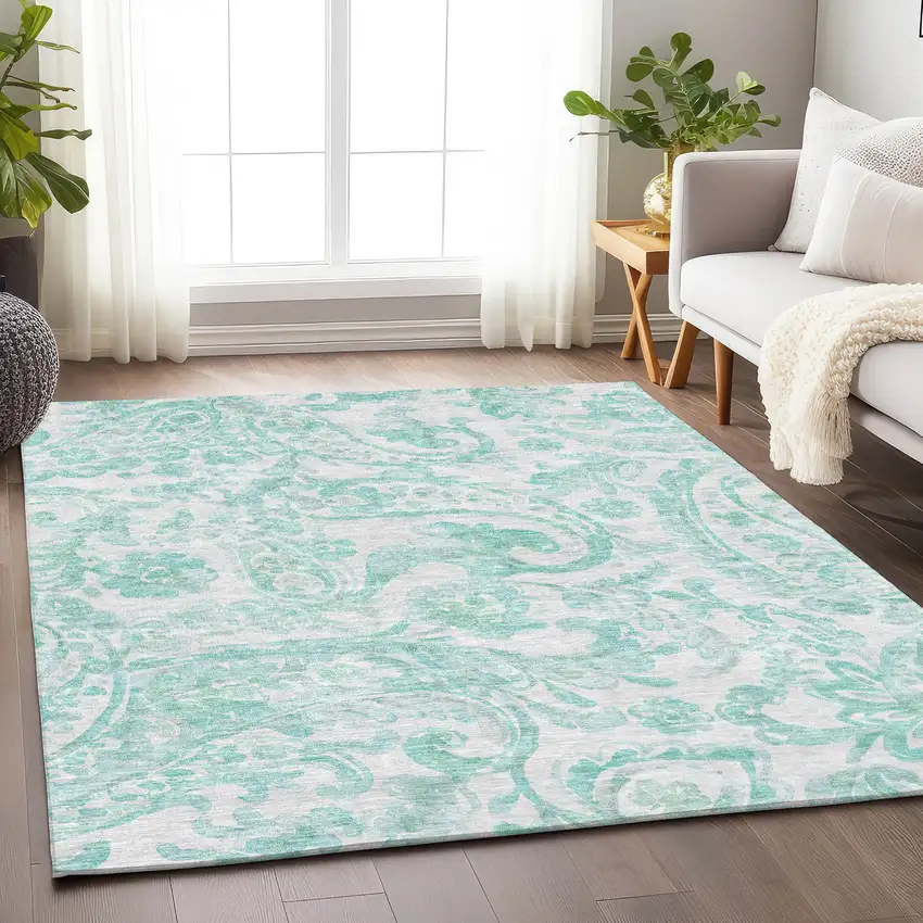 Turquoise And Ivory Paisley Washable Area Rug With UV Protection Photo 5