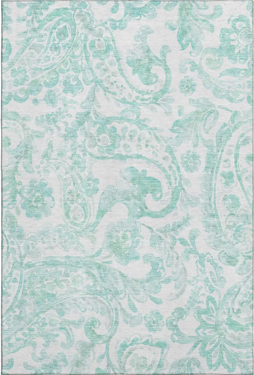 Turquoise And Ivory Paisley Washable Area Rug With UV Protection Photo 1