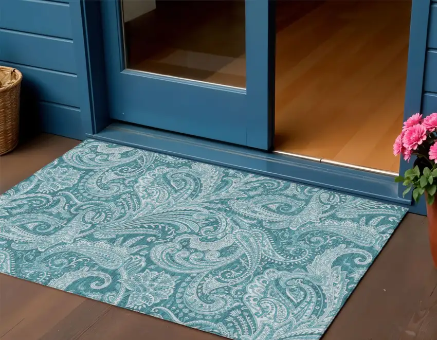 Turquoise And Ivory Paisley Washable Indoor Outdoor Area Rug Photo 1