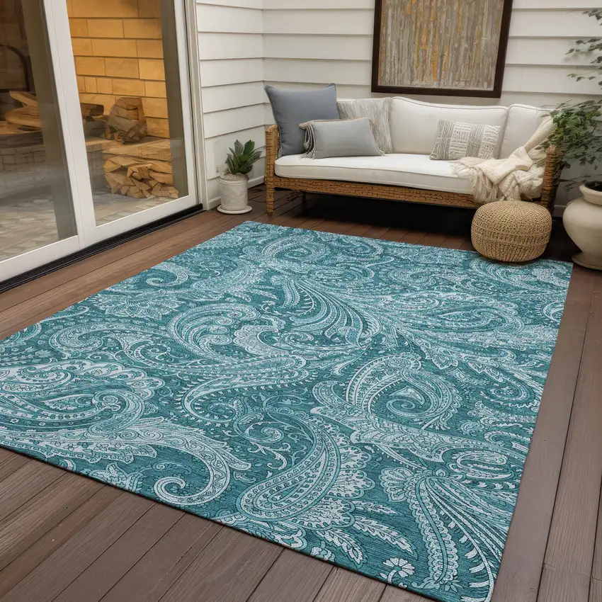 Turquoise And Ivory Paisley Washable Indoor Outdoor Area Rug Photo 9