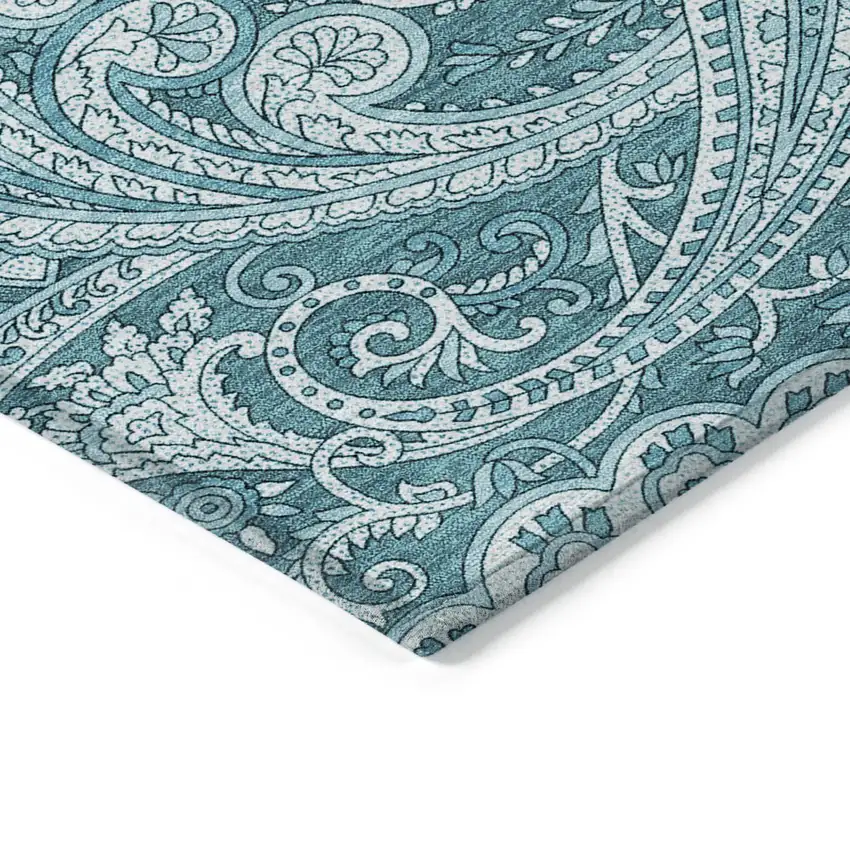 Turquoise And Ivory Paisley Washable Indoor Outdoor Area Rug Photo 4