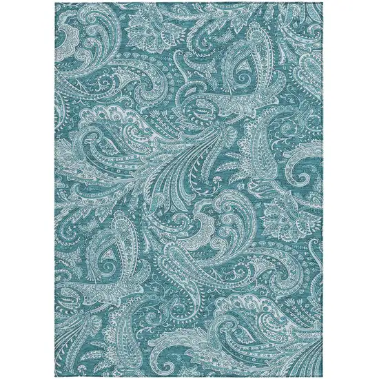 Turquoise And Ivory Paisley Washable Indoor Outdoor Area Rug Photo 6