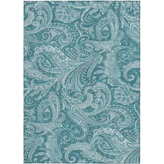 Turquoise And Ivory Paisley Washable Indoor Outdoor Area Rug Photo 6