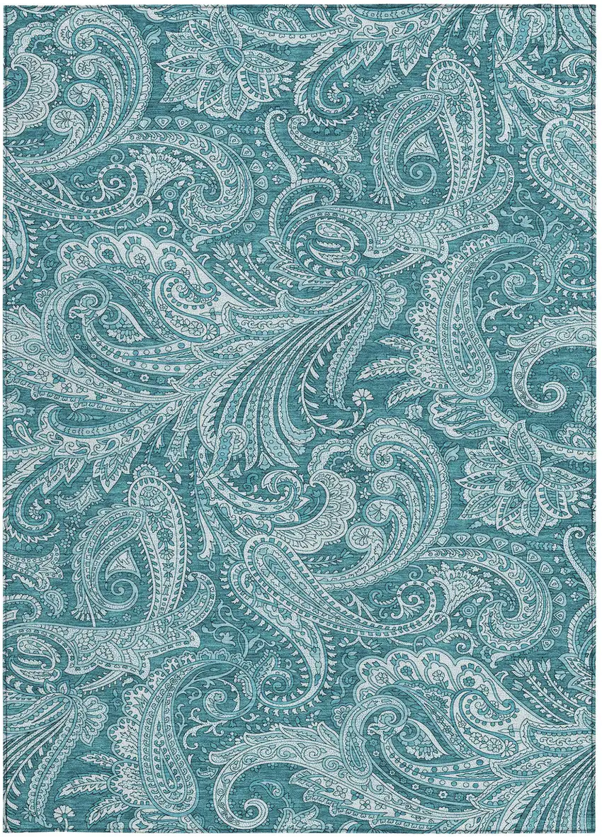 Turquoise And Ivory Paisley Washable Indoor Outdoor Area Rug Photo 6