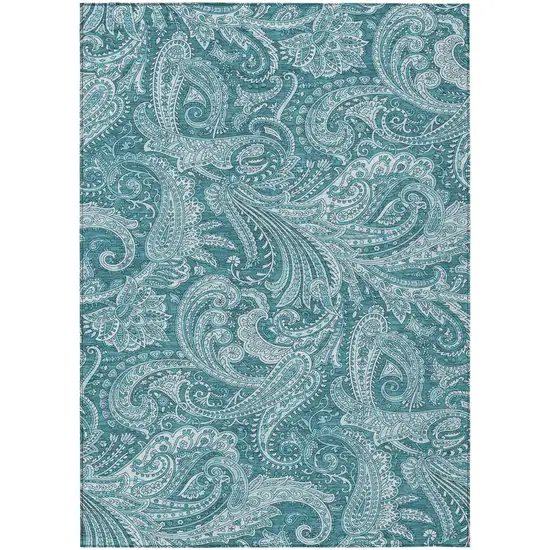 Turquoise And Ivory Paisley Washable Indoor Outdoor Area Rug Photo 2