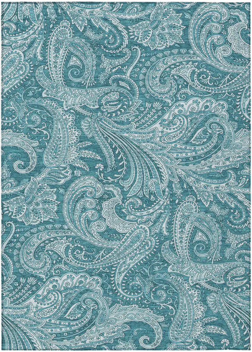 Turquoise And Ivory Paisley Washable Indoor Outdoor Area Rug Photo 2