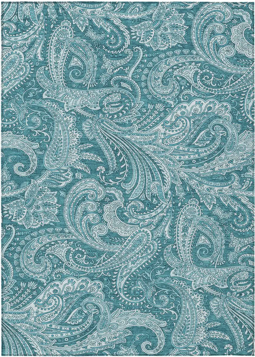Turquoise And Ivory Paisley Washable Indoor Outdoor Area Rug Photo 2