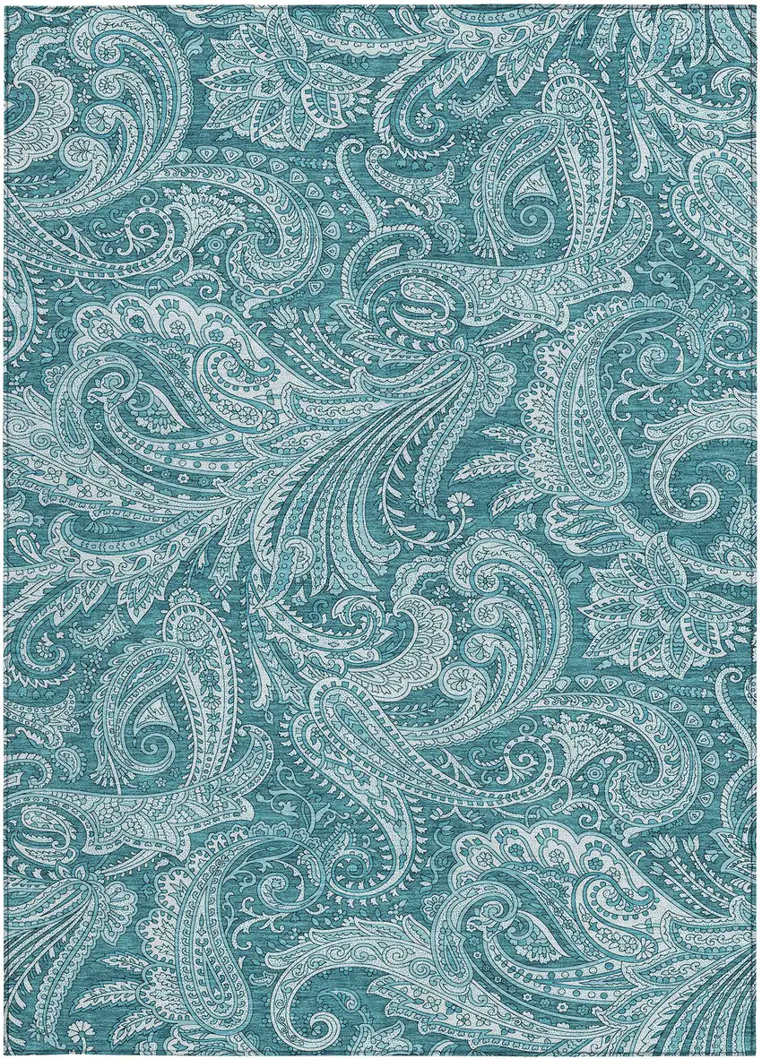 Turquoise And Ivory Paisley Washable Indoor Outdoor Area Rug Photo 5