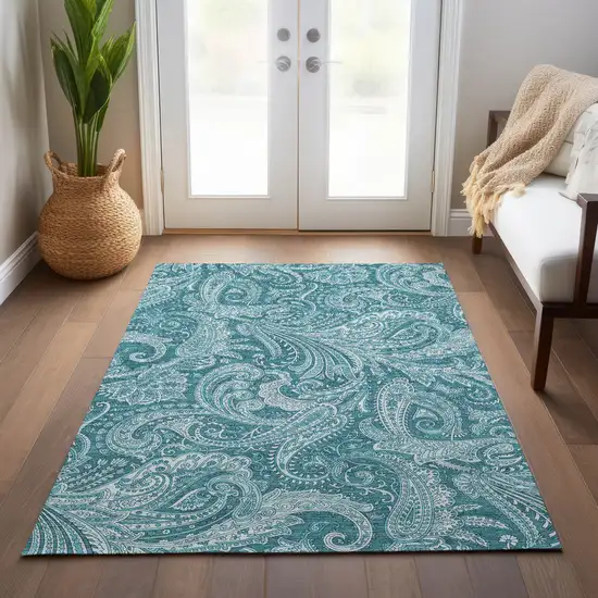 Turquoise And Ivory Paisley Washable Indoor Outdoor Area Rug Photo 9