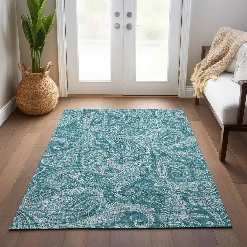 Turquoise And Ivory Paisley Washable Indoor Outdoor Area Rug Photo 9