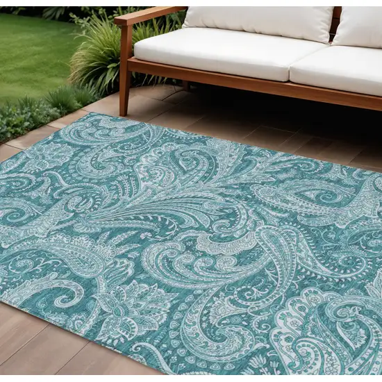 Turquoise And Ivory Paisley Washable Indoor Outdoor Area Rug Photo 1