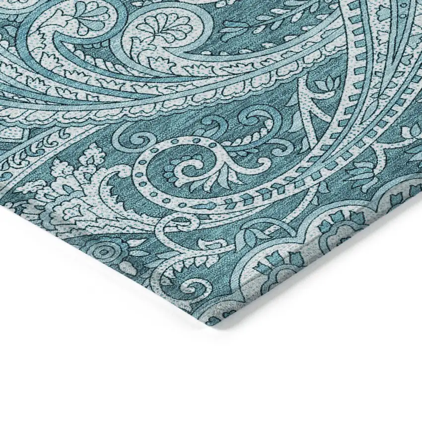 Turquoise And Ivory Paisley Washable Indoor Outdoor Area Rug Photo 4