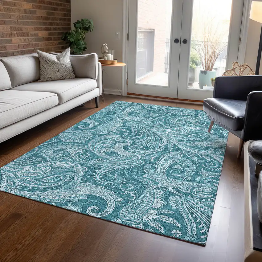 Turquoise And Ivory Paisley Washable Indoor Outdoor Area Rug Photo 8