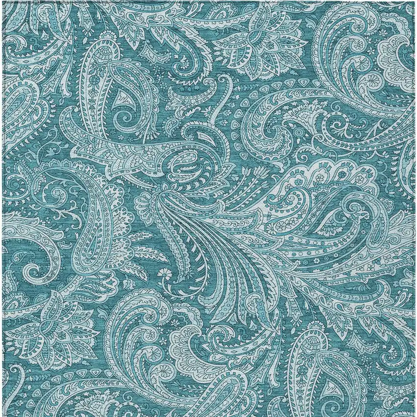 Turquoise And Ivory Paisley Washable Indoor Outdoor Area Rug Photo 6
