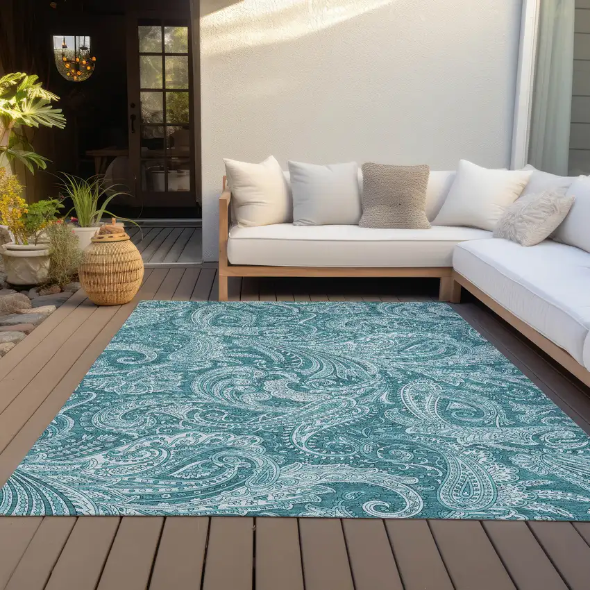 Turquoise And Ivory Paisley Washable Indoor Outdoor Area Rug Photo 7