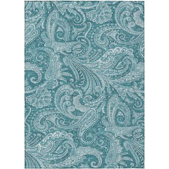 Turquoise And Ivory Paisley Washable Indoor Outdoor Area Rug Photo 2