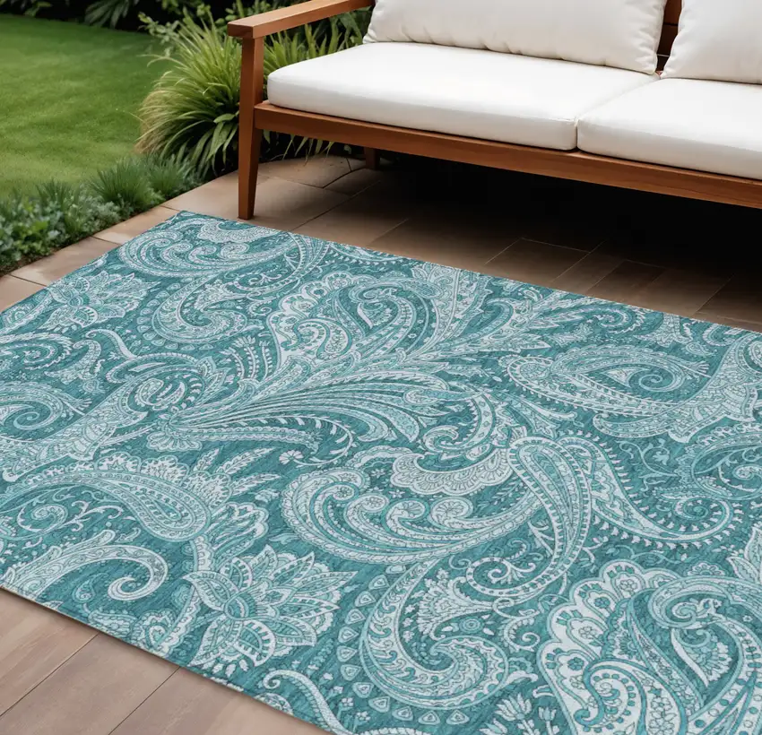 Turquoise And Ivory Paisley Washable Indoor Outdoor Area Rug Photo 1