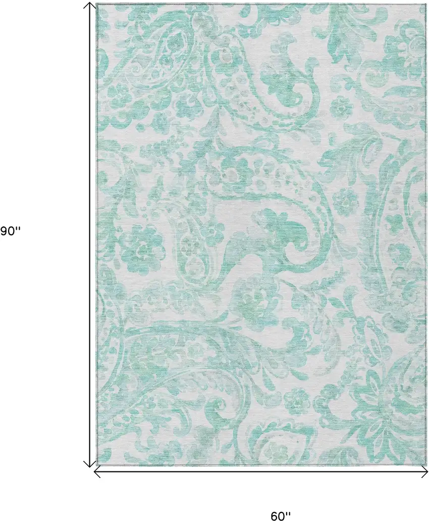 Turquoise And Ivory Paisley Washable Indoor Outdoor Area Rug Photo 3