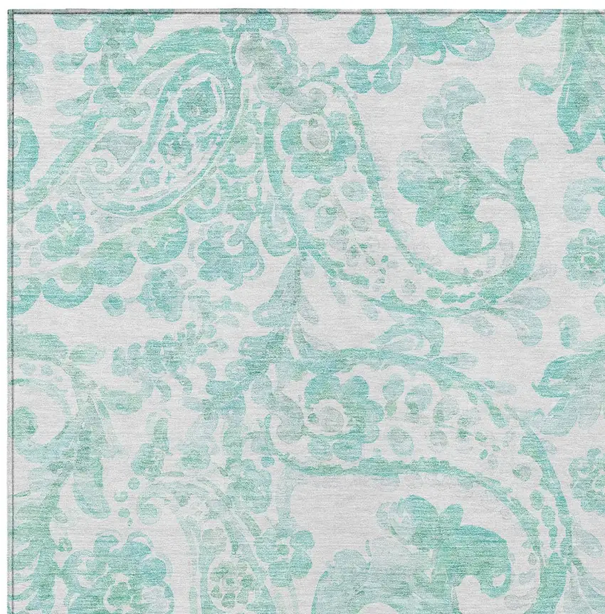 Turquoise And Ivory Paisley Washable Indoor Outdoor Area Rug Photo 6