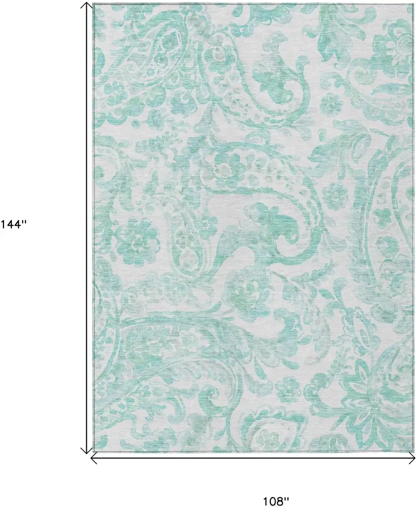 Turquoise And Ivory Paisley Washable Indoor Outdoor Area Rug Photo 3