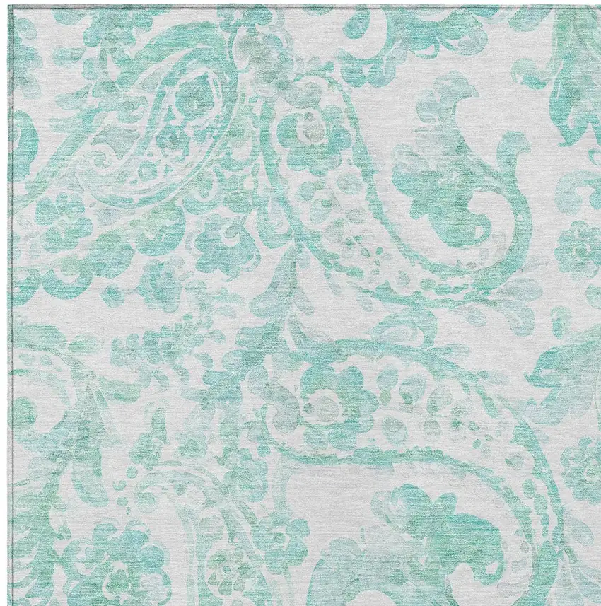 Turquoise And Ivory Paisley Washable Indoor Outdoor Area Rug Photo 6