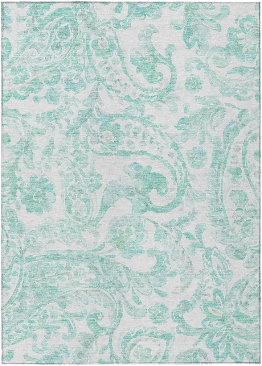 Turquoise And Ivory Paisley Washable Indoor Outdoor Area Rug Photo 2