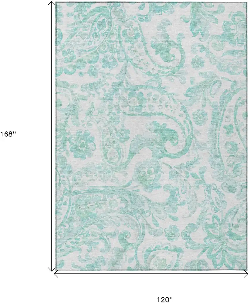 Turquoise And Ivory Paisley Washable Indoor Outdoor Area Rug Photo 3