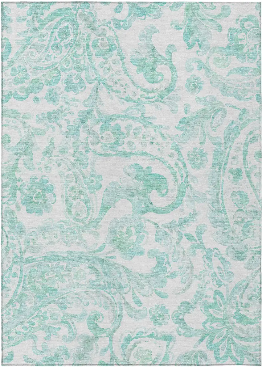 Turquoise And Ivory Paisley Washable Indoor Outdoor Area Rug Photo 2