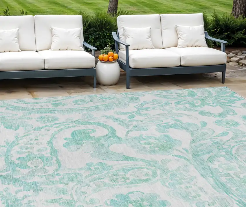 Turquoise And Ivory Paisley Washable Indoor Outdoor Area Rug Photo 1