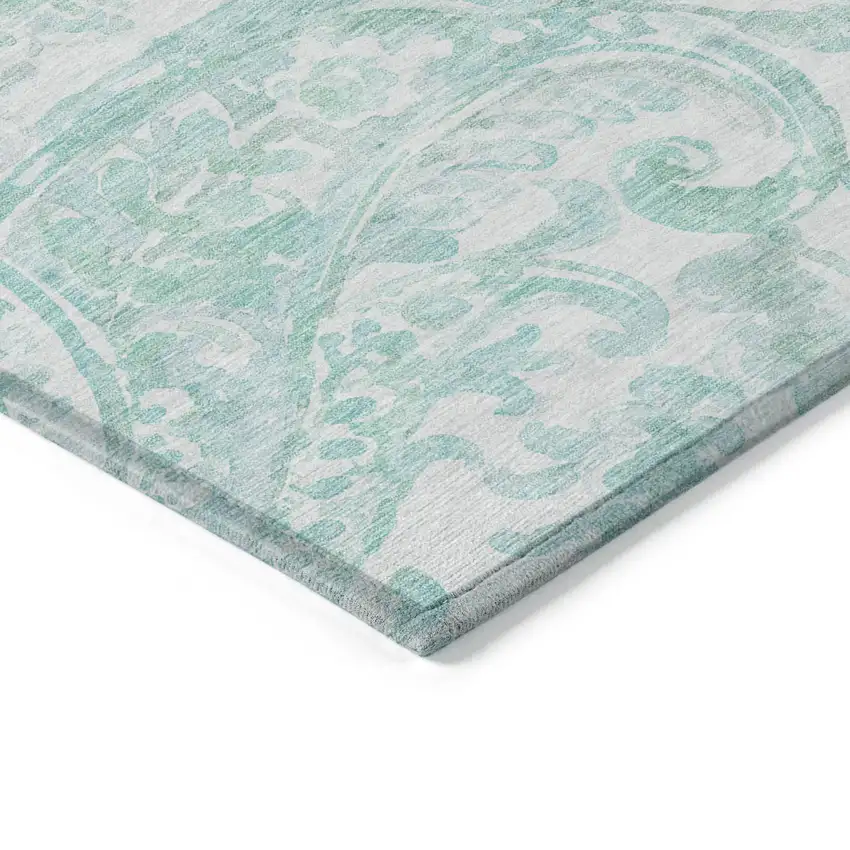 Turquoise And Ivory Paisley Washable Indoor Outdoor Area Rug Photo 5