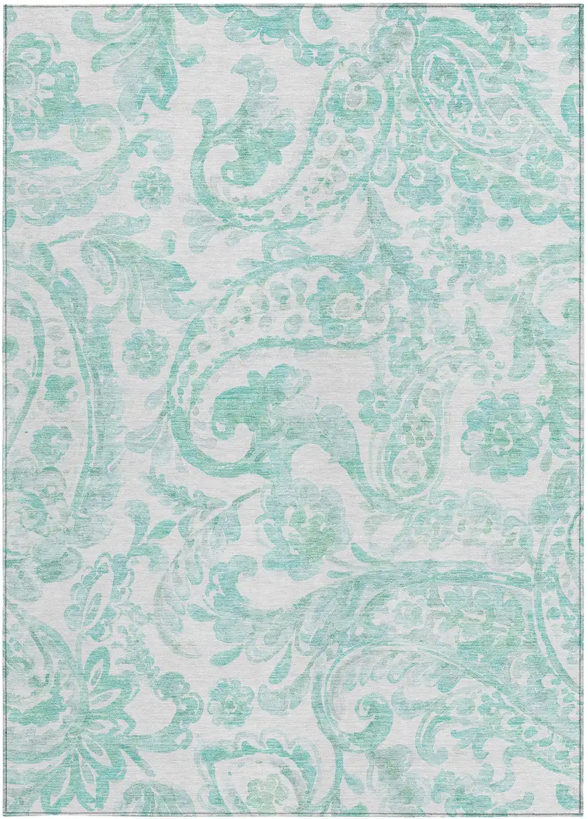 Turquoise And Ivory Paisley Washable Indoor Outdoor Area Rug Photo 7