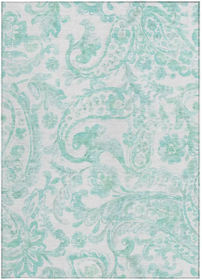 Turquoise And Ivory Paisley Washable Indoor Outdoor Area Rug Photo 7