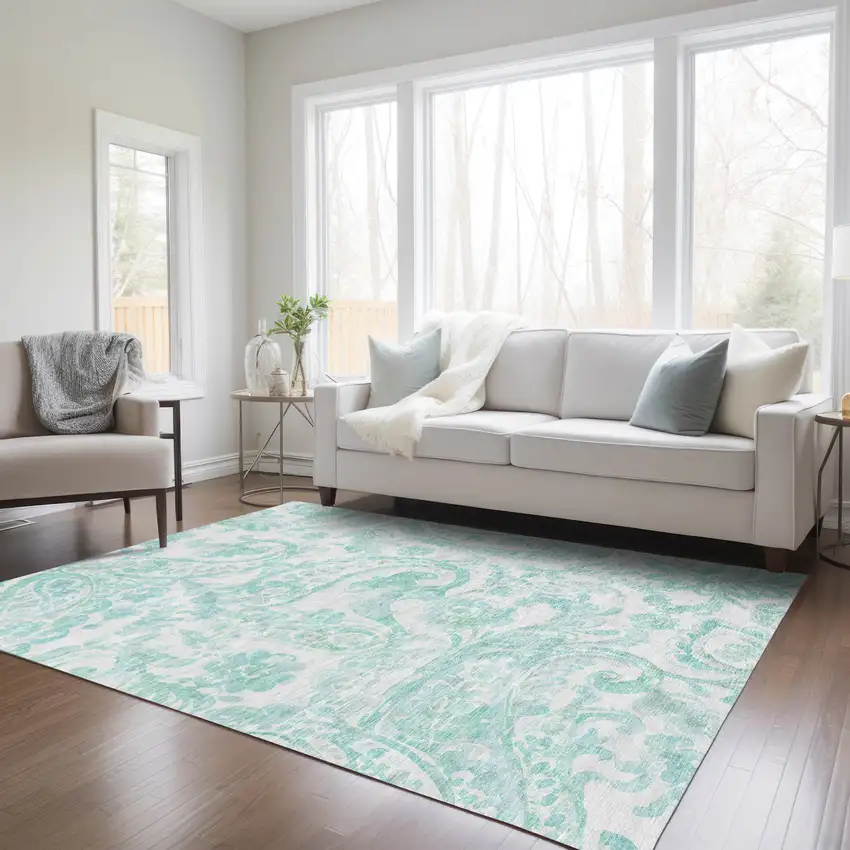 Turquoise And Ivory Paisley Washable Indoor Outdoor Area Rug Photo 9