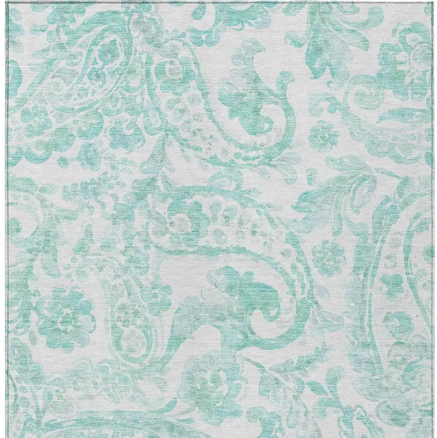 Turquoise And Ivory Paisley Washable Indoor Outdoor Area Rug Photo 6
