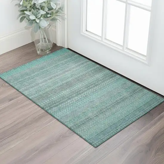 Turquoise And Ivory Striped Washable Area Rug With UV Protection Photo 1