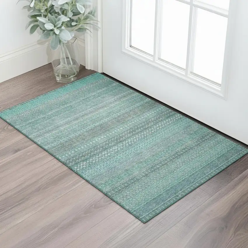 Turquoise And Ivory Striped Washable Area Rug With UV Protection Photo 1