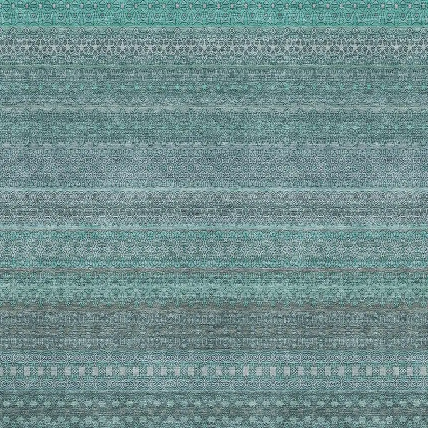 Turquoise And Ivory Striped Washable Area Rug With UV Protection Photo 3