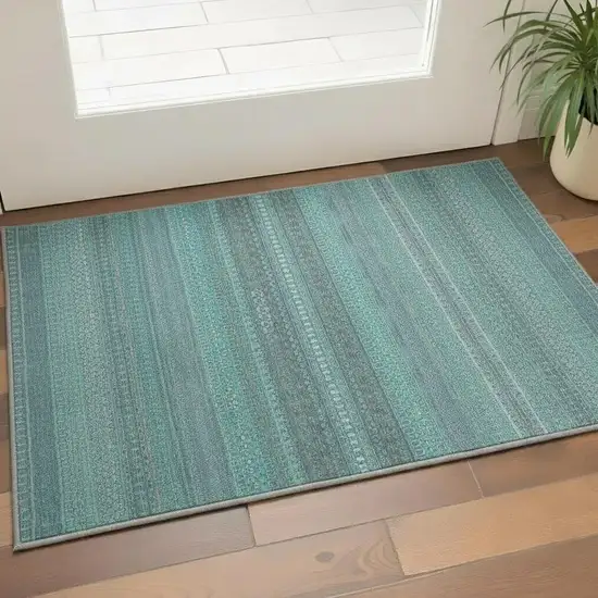 Turquoise And Ivory Striped Washable Area Rug With UV Protection Photo 2