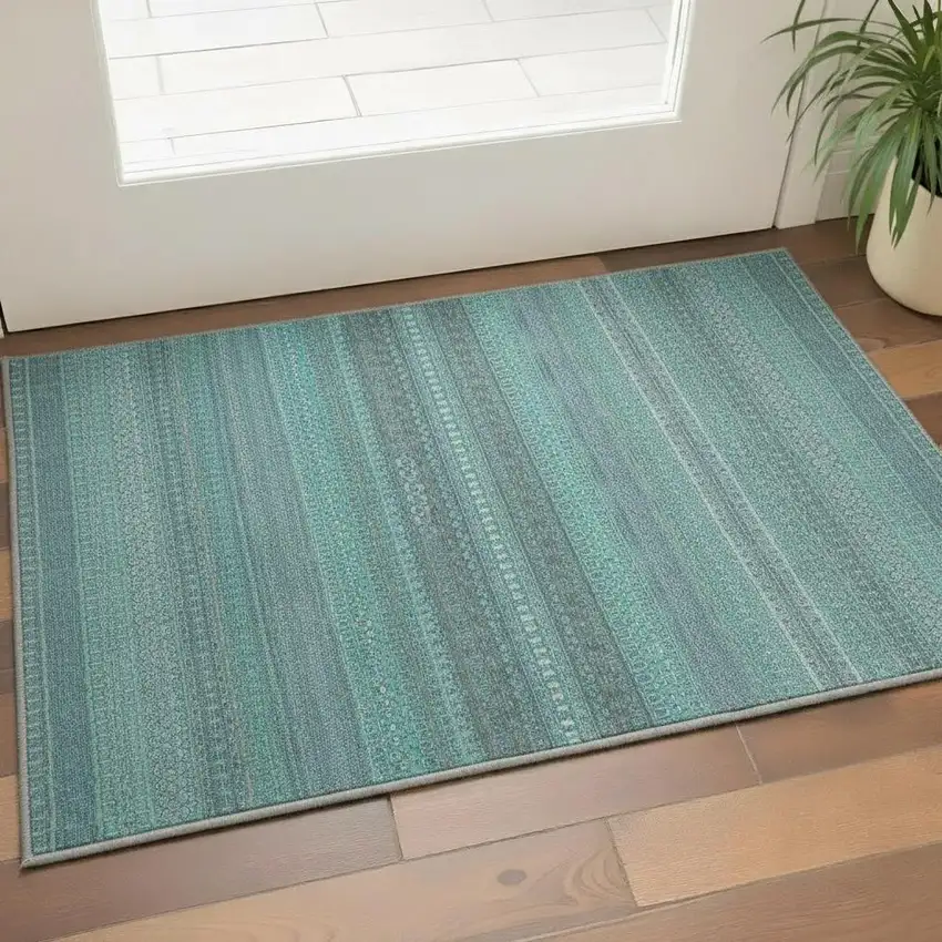 Turquoise And Ivory Striped Washable Area Rug With UV Protection Photo 2