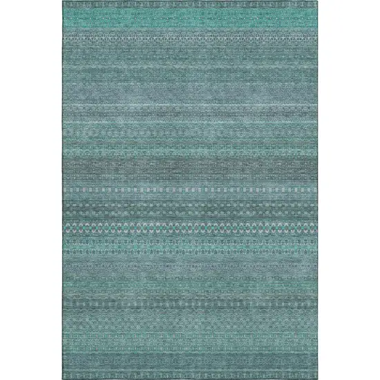Turquoise And Ivory Striped Washable Area Rug With UV Protection Photo 1
