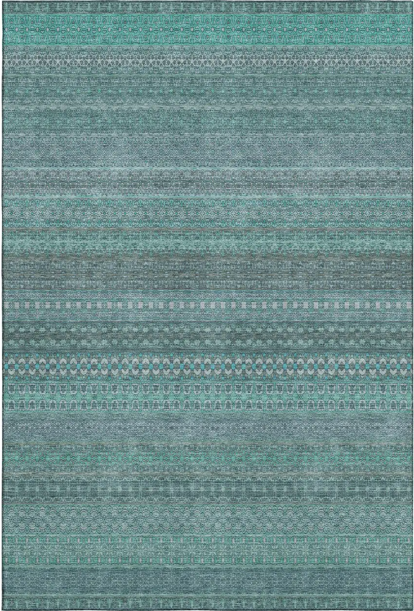 Turquoise And Ivory Striped Washable Area Rug With UV Protection Photo 1