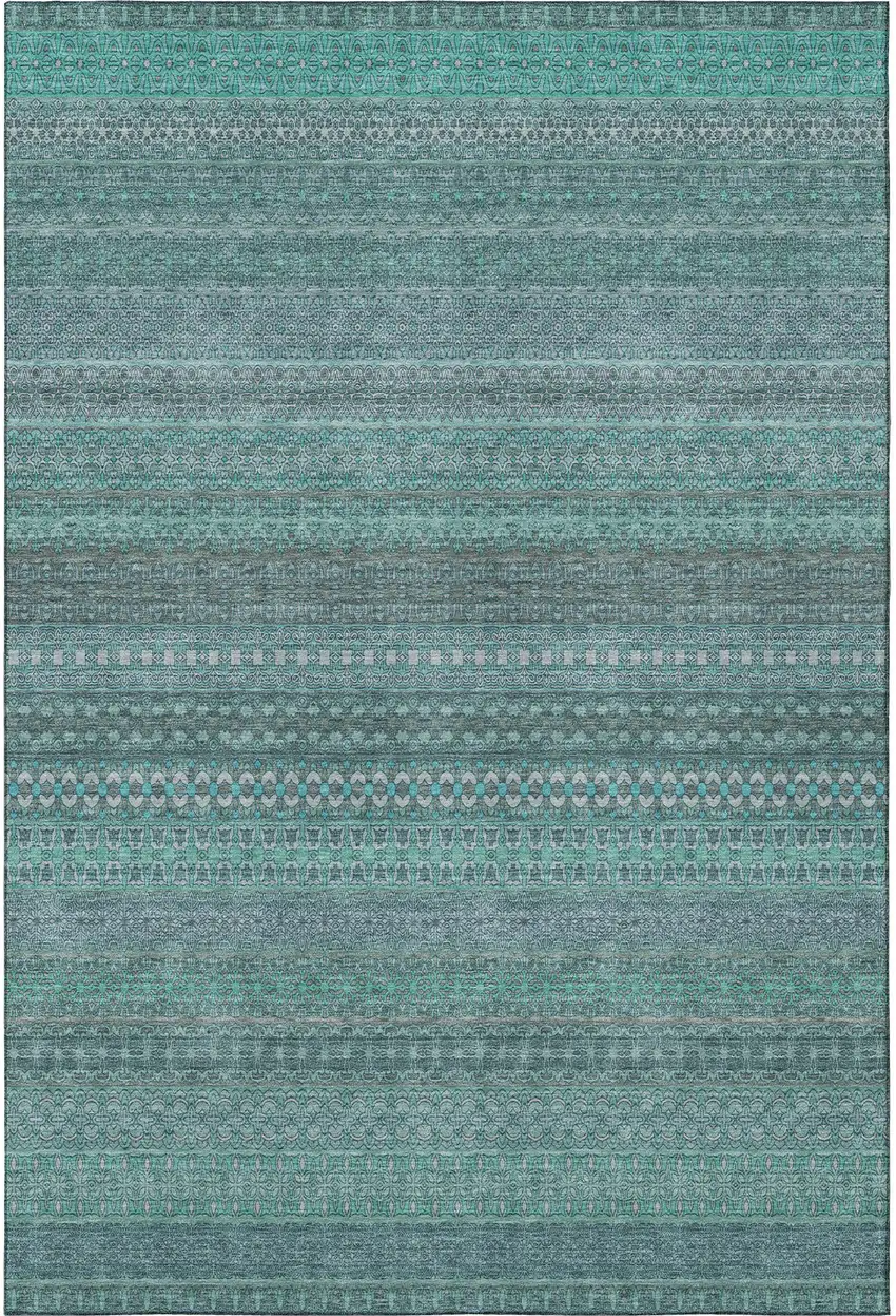 Turquoise And Ivory Striped Washable Area Rug With UV Protection Photo 4