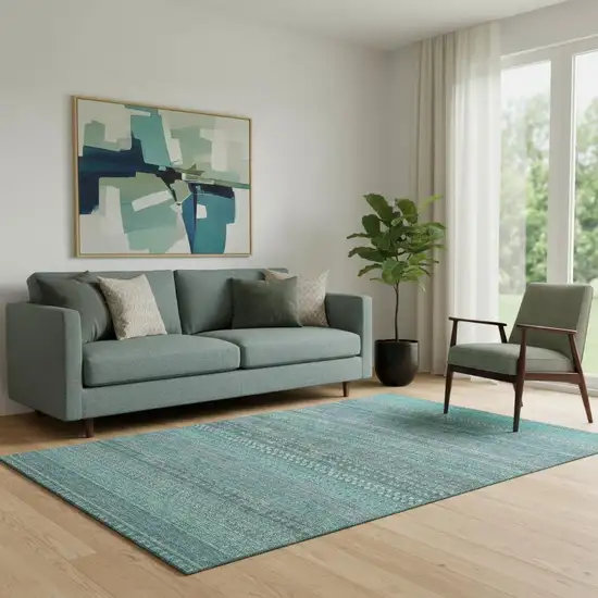 Turquoise And Ivory Striped Washable Area Rug With UV Protection Photo 1