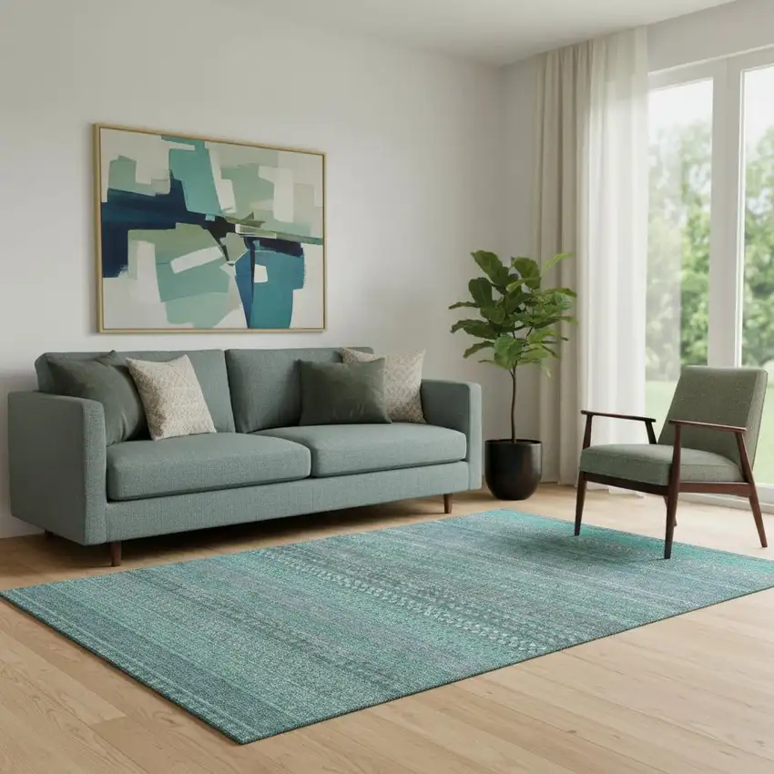 Turquoise And Ivory Striped Washable Area Rug With UV Protection Photo 1