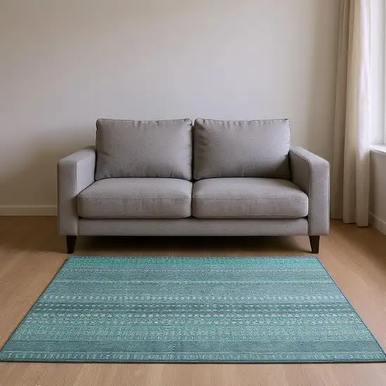 Turquoise And Ivory Striped Washable Area Rug With UV Protection Photo 2