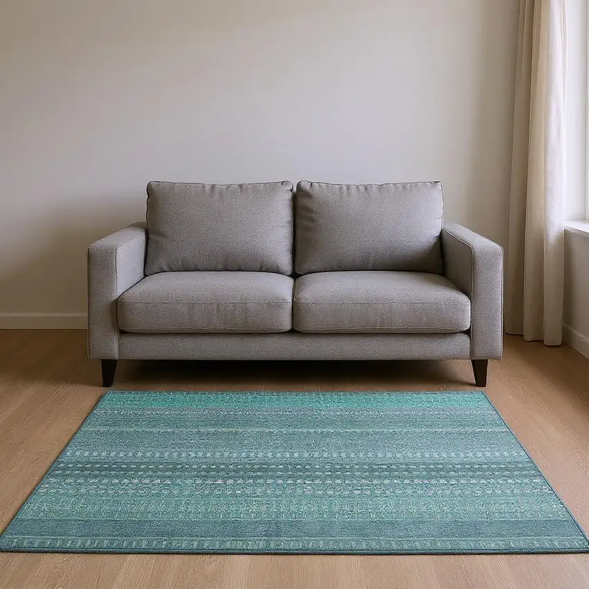 Turquoise And Ivory Striped Washable Area Rug With UV Protection Photo 2