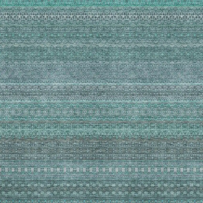 Turquoise And Ivory Striped Washable Area Rug With UV Protection Photo 3
