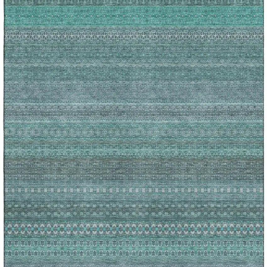 Turquoise And Ivory Striped Washable Area Rug With UV Protection Photo 4
