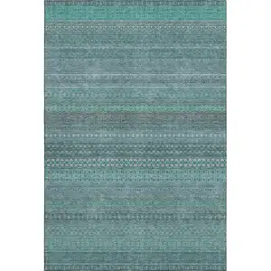Photo of Turquoise And Ivory Striped Washable Area Rug With UV Protection